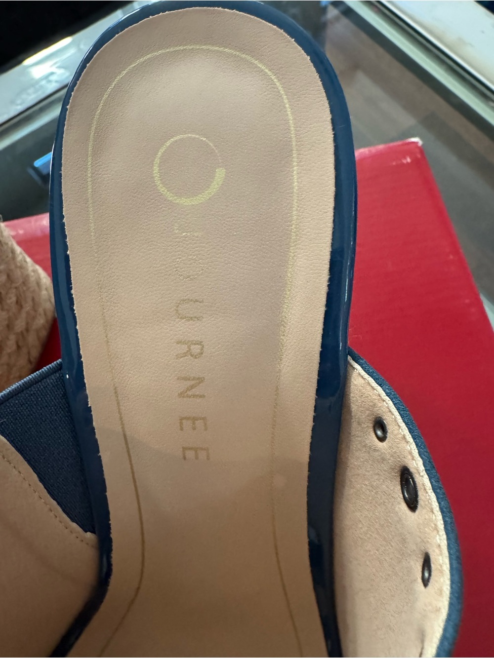 Journee Collection Navy Suede Studded Open-Toe Mule Heels - Picture 4 of 5